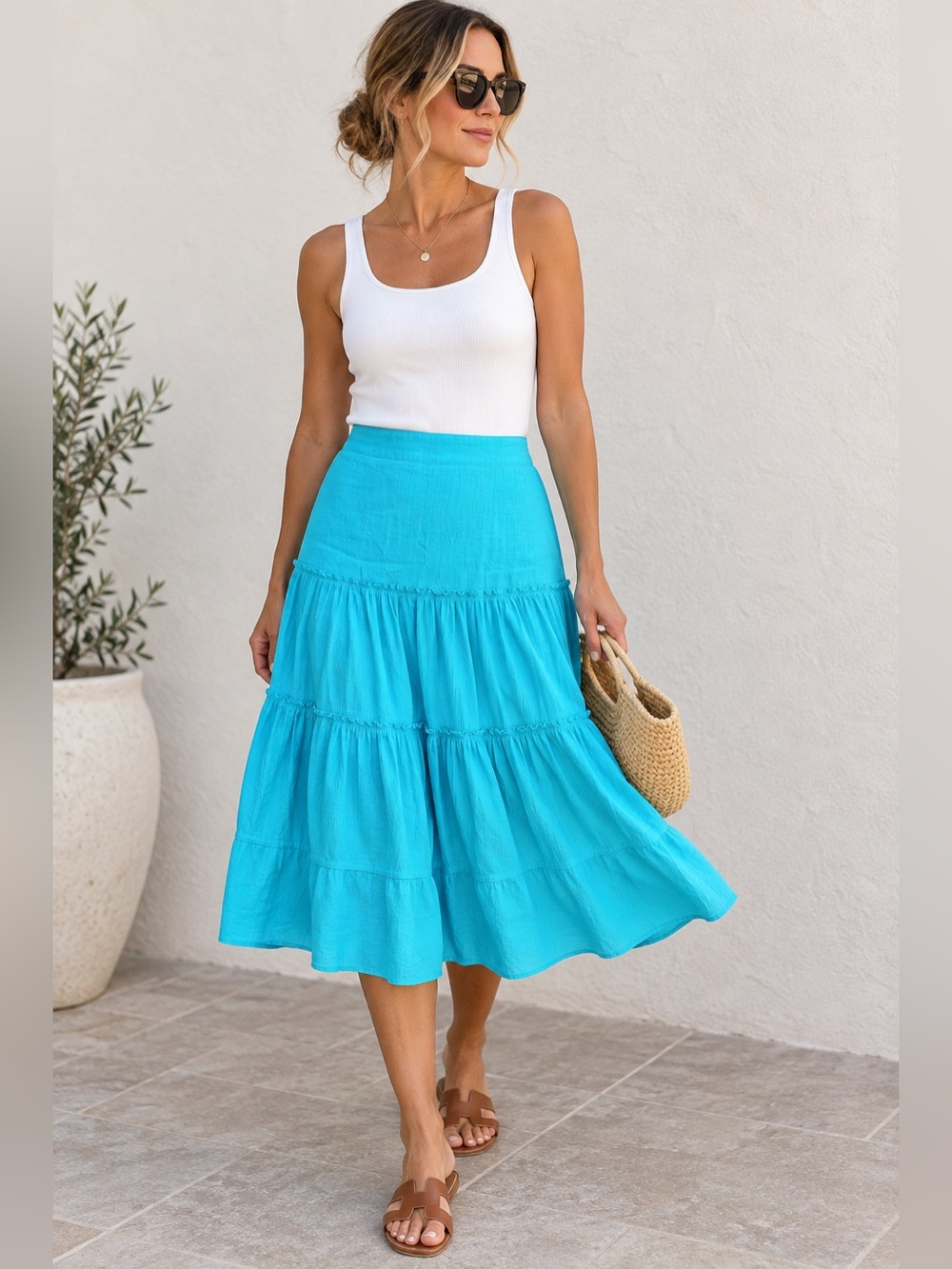 Banana Republic Turquoise Cotton Tiered Midi Skirt Size 10 Boho Summer